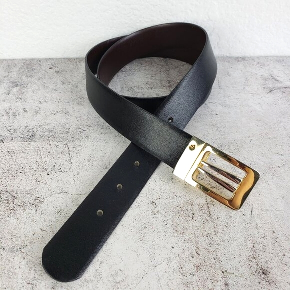 Vintage Spain Art Deco Leather Belt Black Gold Buckle Classic Elegant Minimalist - Picture 2 of 9